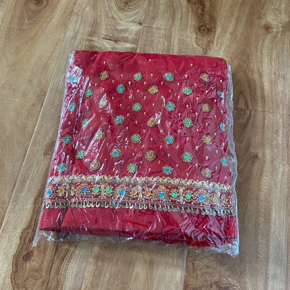 Embellished Red Indian Unstitched Suit with Multicolor Detail ~2.5yrd